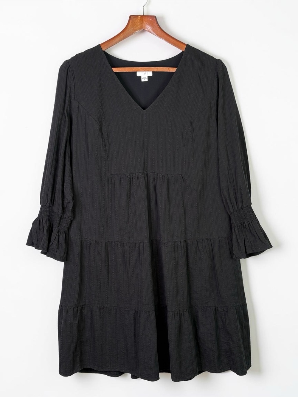 J. Jill Black Textured Tiered Peasant Dress V-Neck Boho Shabby Chic M
